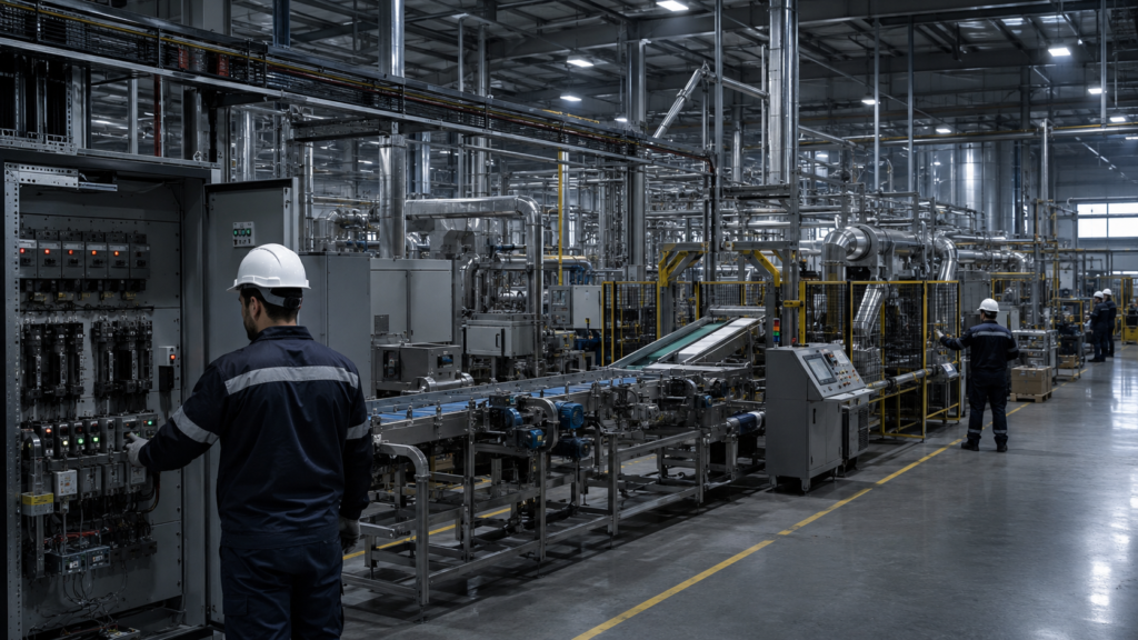 Realistyczna fotografia przedstawia nowoczesną halę produkcyjną o dużej powierzchni, wypełnioną rozbudowaną infrastrukturą przemysłową