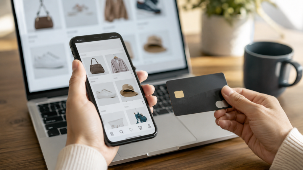 Grafika przedstawia realistyczną scenę bezpiecznych zakupów online – dłonie trzymają smartfon z aplikacją zakupową i kartę płatniczą, a w tle znajduje się laptop z ofertami produktów, bez żadnych napisów czy nielogicznych elementów