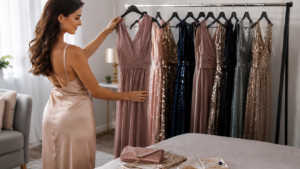 Realistyczna fotografia przedstawia elegancką kobietę przygotowującą się do ważnego wyjścia